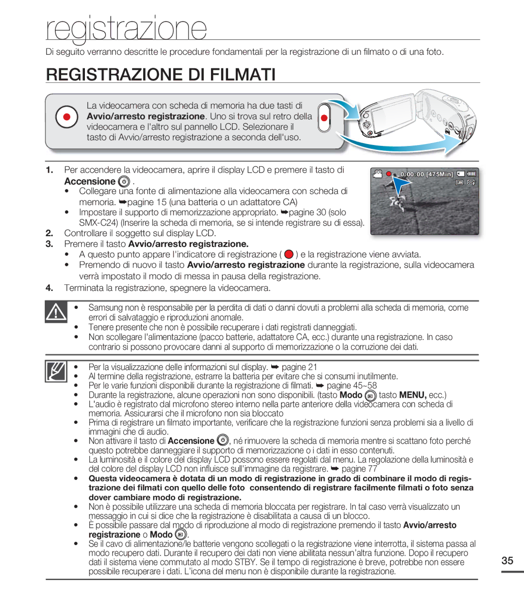 Samsung SMX-C20BP/EDC, SMX-C24BP/EDC manual Registrazione DI Filmati, Premere il tasto Avvio/arresto registrazione 