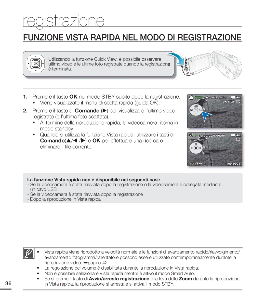 Samsung SMX-C24LP/EDC, SMX-C24BP/EDC, SMX-C20RP/EDC, SMX-C20UP/EDC manual Funzione Vista Rapida NEL Modo DI Registrazione 