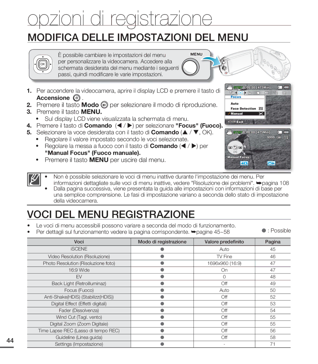 Samsung SMX-C24BP/EDC manual Opzioni di registrazione, Modifica Delle Impostazioni DEL Menu, Voci DEL Menu Registrazione 