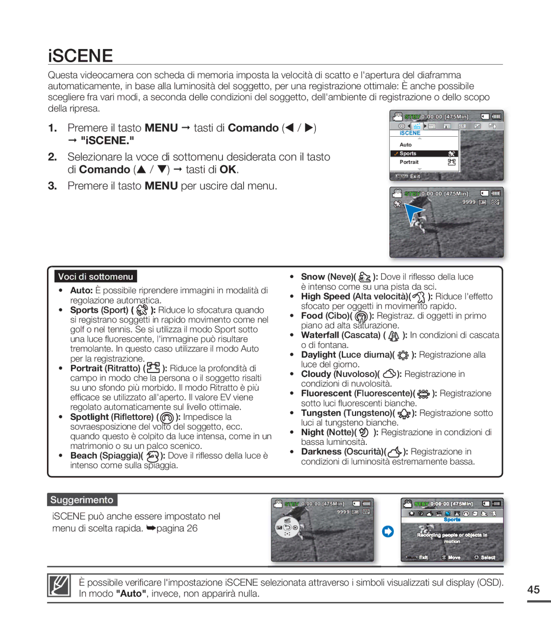 Samsung SMX-C20RP/EDC, SMX-C24BP/EDC, SMX-C20UP/EDC, SMX-C20BP/EDC manual Iscene, Modo Auto, invece, non apparirà nulla 