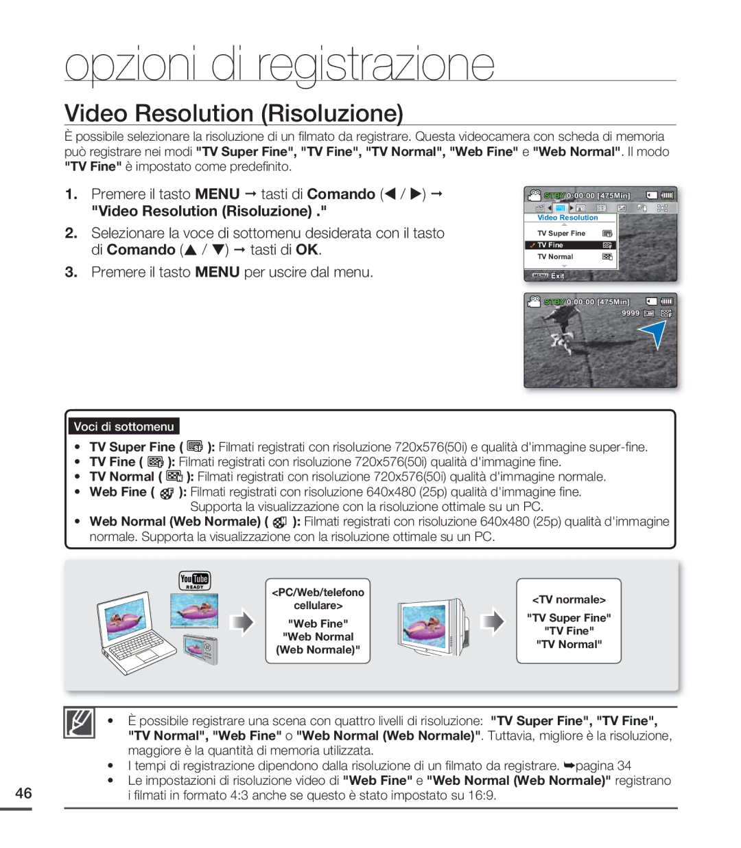 Samsung SMX-C20UP/EDC, SMX-C24BP/EDC, SMX-C20RP/EDC, SMX-C20BP/EDC, SMX-C24LP/EDC, SMX-C20LP/EDC Video Resolution Risoluzione 