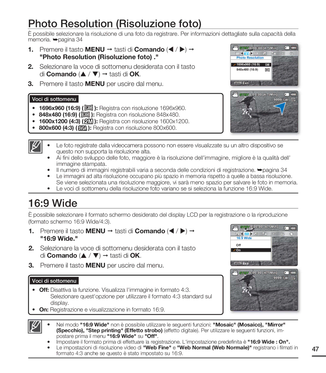 Samsung SMX-C20BP/EDC manual Photo Resolution Risoluzione foto, Wide, Formato 43 anche se questo è stato impostato su 