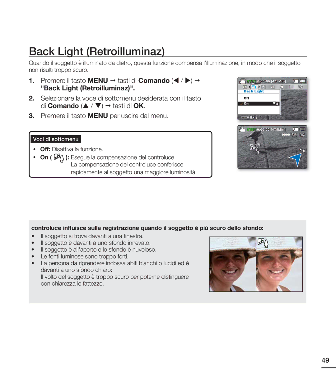 Samsung SMX-C20LP/EDC, SMX-C24BP/EDC, SMX-C20RP/EDC, SMX-C20UP/EDC manual Back Light Retroilluminaz, Off Disattiva la funzione 