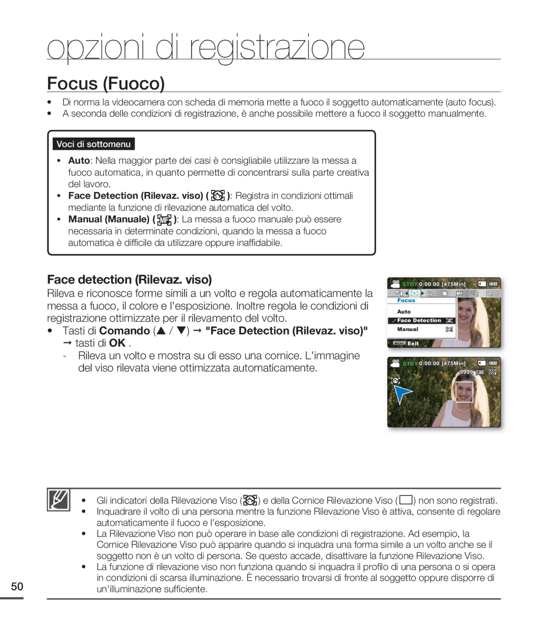 Samsung SMX-C24BP/EDC, SMX-C20RP/EDC manual Focus Fuoco, Gli indicatori della Rilevazione Viso, Unilluminazione sufﬁciente 