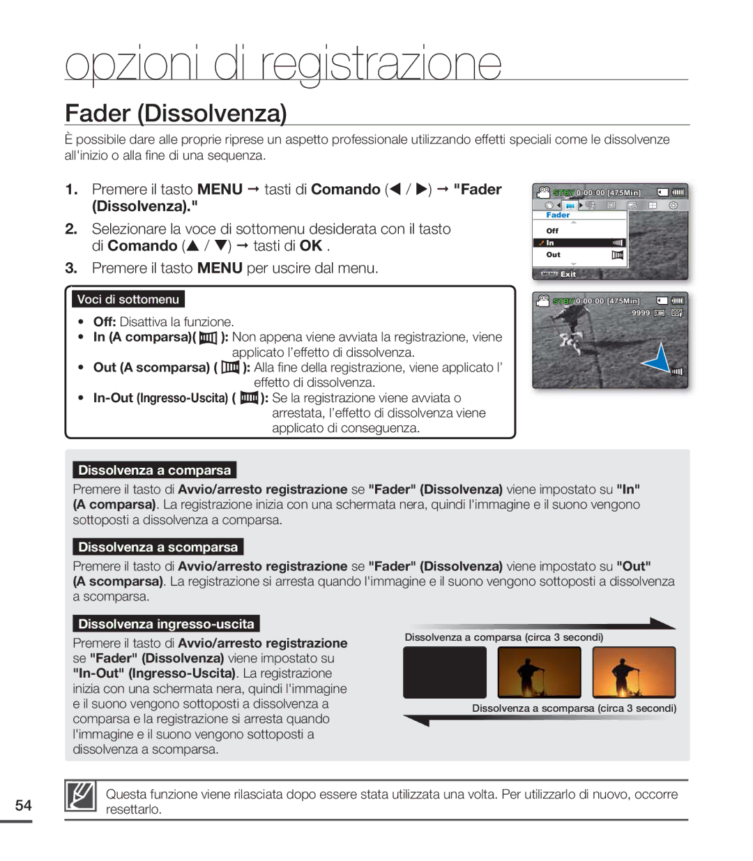 Samsung SMX-C24LP/EDC, SMX-C24BP/EDC, SMX-C20RP/EDC, SMX-C20UP/EDC, SMX-C20BP/EDC Fader Dissolvenza, Dissolvenza a comparsa 