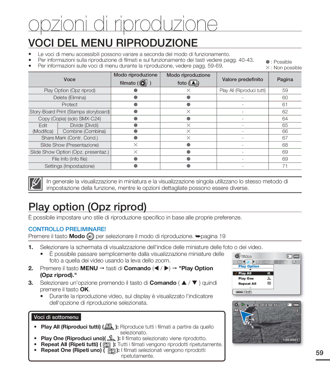 Samsung SMX-C20BP/EDC, SMX-C24BP/EDC manual Opzioni di riproduzione, Voci DEL Menu Riproduzione, Play option Opz riprod 