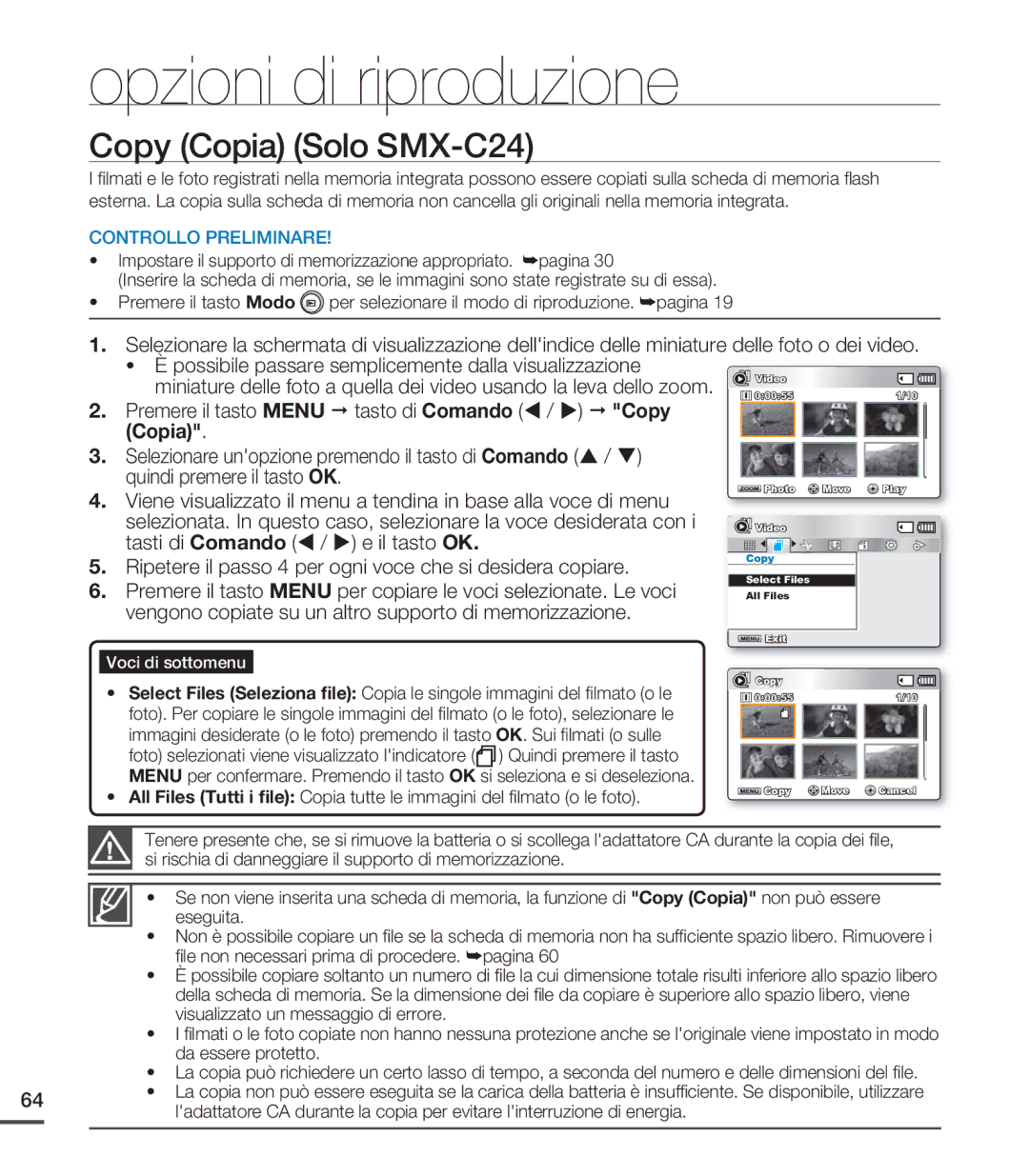 Samsung SMX-C20UP/EDC manual Copy Copia Solo SMX-C24, ﬁle non necessari prima di procedere. ²pagina, Da essere protetto 