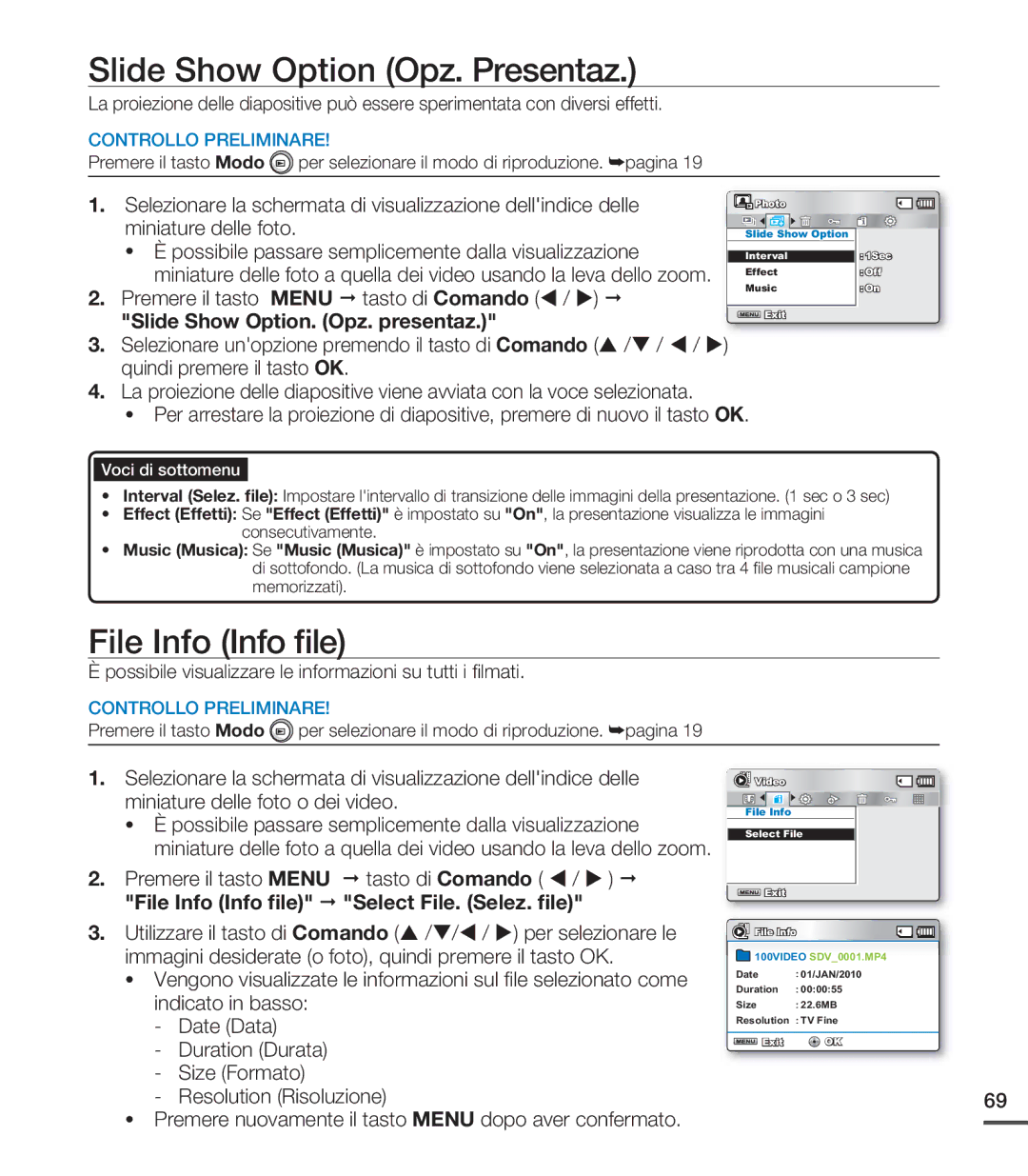 Samsung SMX-C20RP/EDC manual Slide Show Option Opz. Presentaz, File Info Info ﬁle, Slide Show Option. Opz. presentaz 