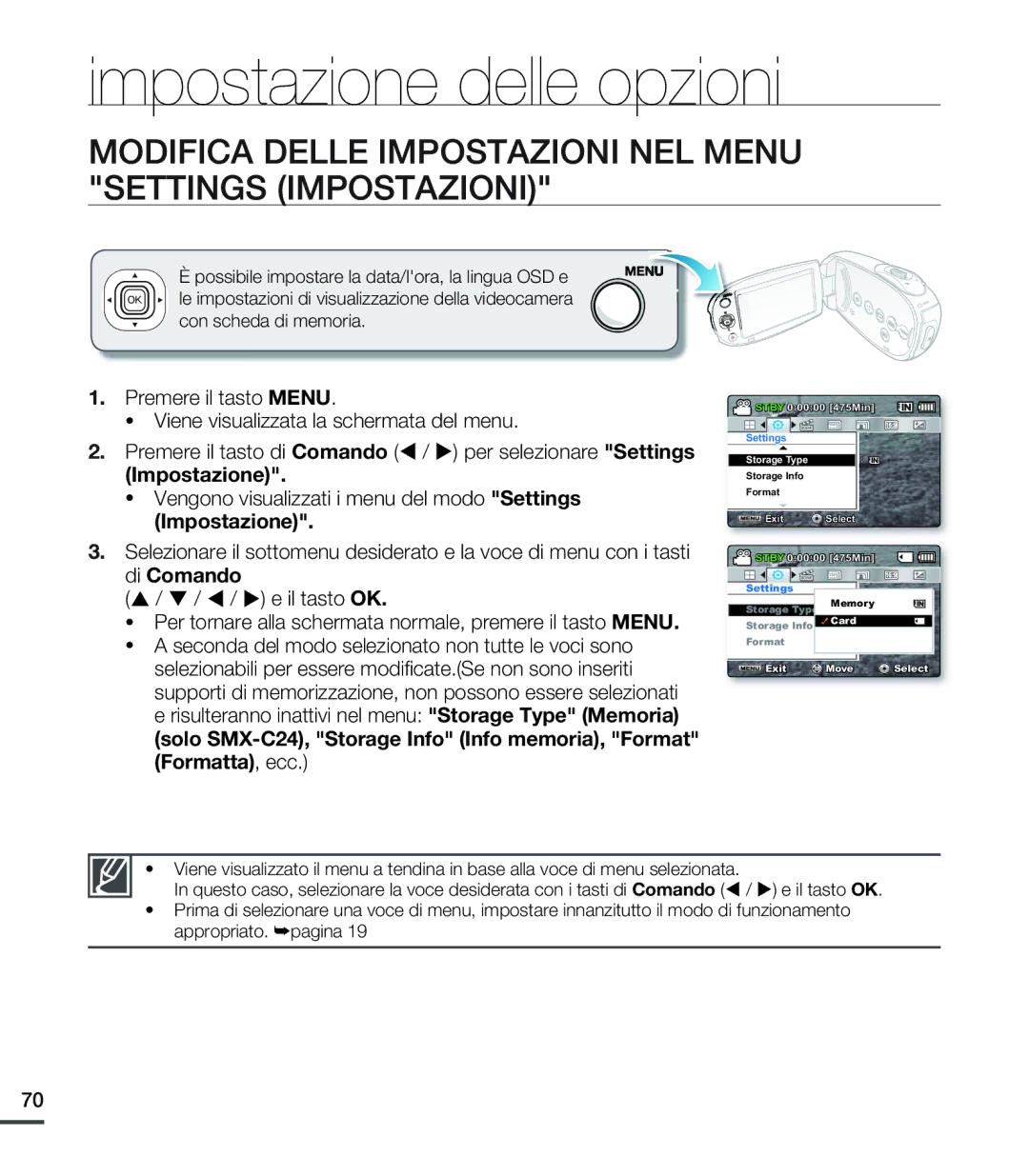 Samsung SMX-C20UP/EDC Impostazione delle opzioni, Modifica Delle Impostazioni NEL Menu Settings Impostazioni, Di Comando 