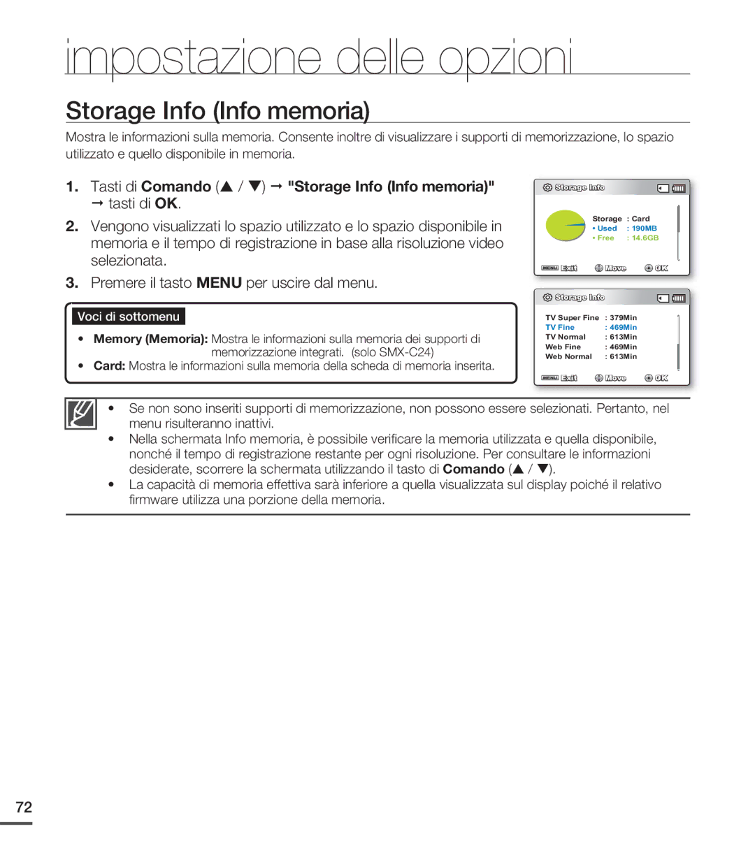 Samsung SMX-C24LP/EDC, SMX-C24BP/EDC, SMX-C20RP/EDC, SMX-C20UP/EDC manual Tasti di Comando / Storage Info Info memoria 