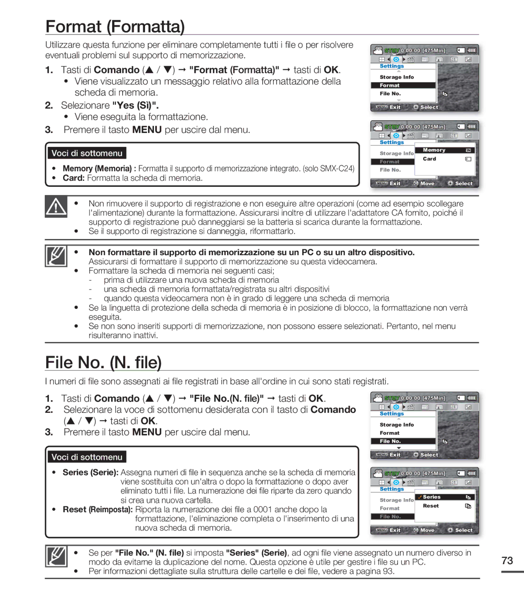 Samsung SMX-C20LP/EDC, SMX-C24BP/EDC, SMX-C20RP/EDC Format Formatta, File No. N. ﬁle, Card Formatta la scheda di memoria 