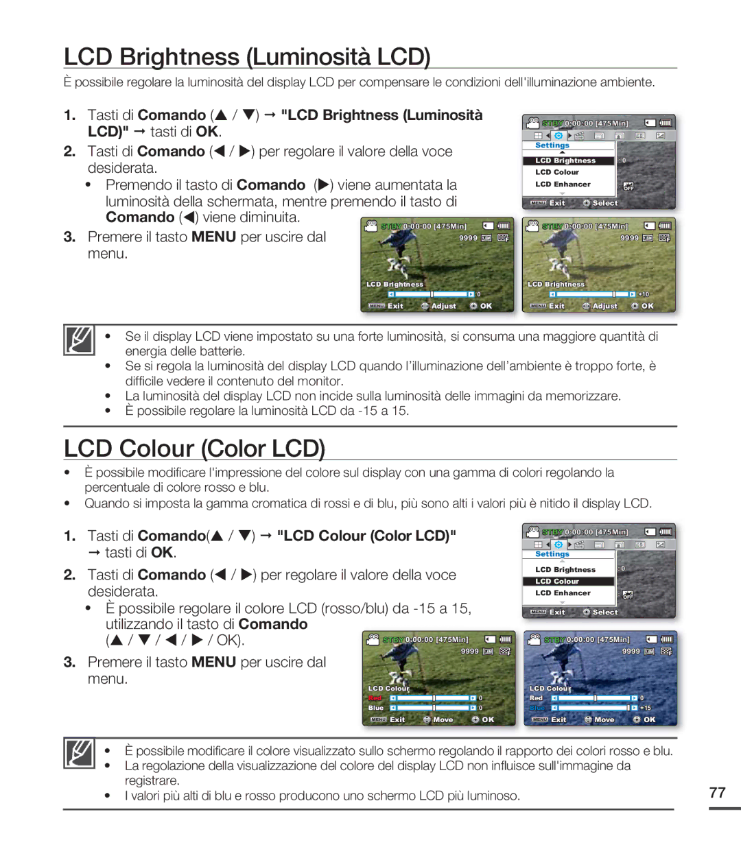 Samsung SMX-C20BP/EDC manual LCD Brightness Luminosità LCD, LCD Colour Color LCD, Premere il tasto Menu per uscire dal 