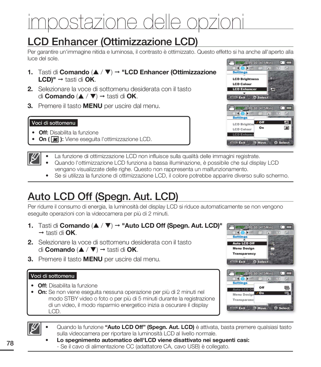 Samsung SMX-C24LP/EDC, SMX-C24BP/EDC, SMX-C20RP/EDC manual LCD Enhancer Ottimizzazione LCD, Auto LCD Off Spegn. Aut. LCD 