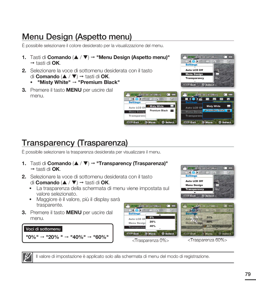 Samsung SMX-C20LP/EDC manual Menu Design Aspetto menu, Transparency Trasparenza, Misty White Premium Black, 20% 40% 60% 