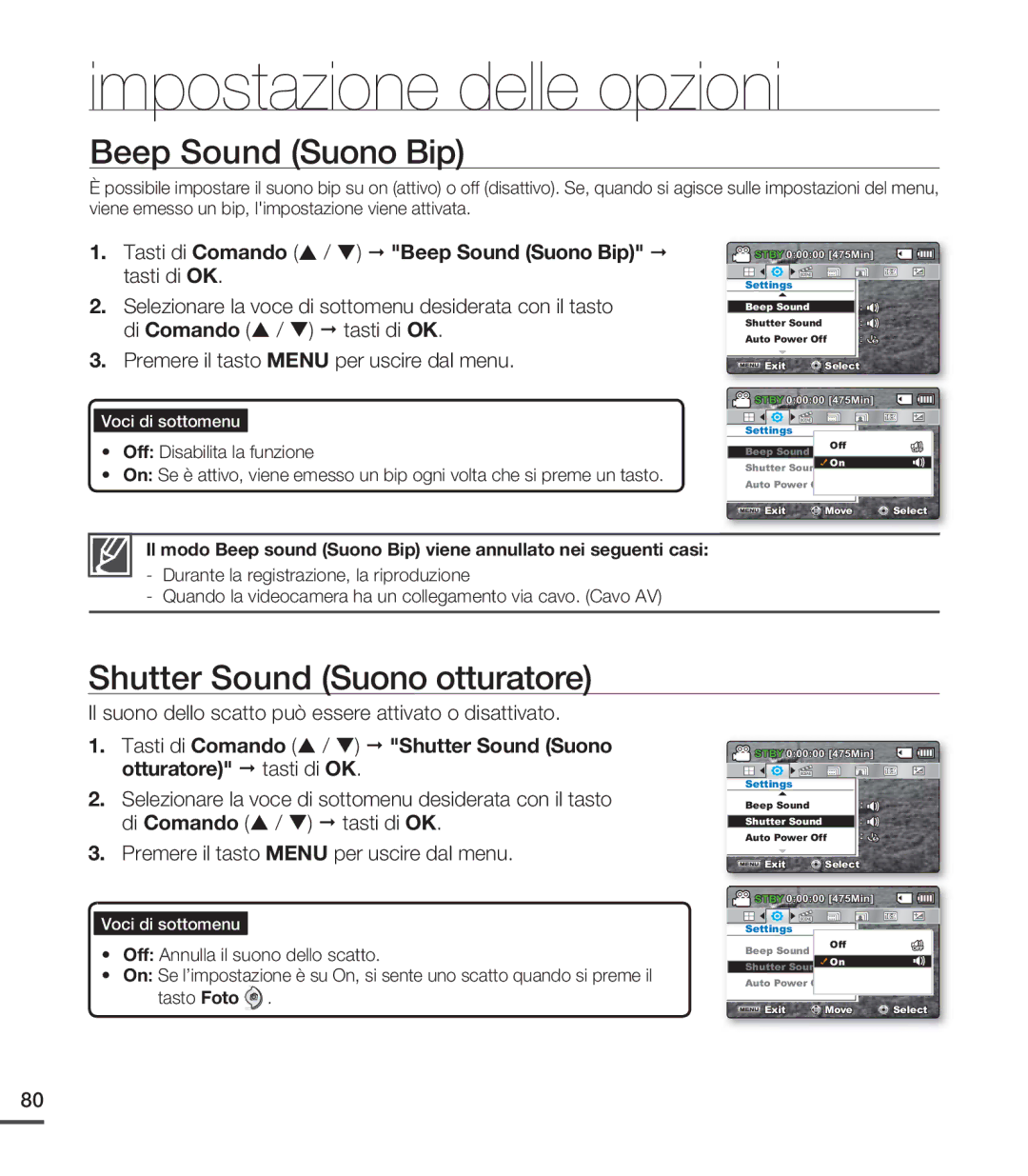 Samsung SMX-C24BP/EDC, SMX-C20RP/EDC, SMX-C20UP/EDC, SMX-C20BP/EDC manual Beep Sound Suono Bip, Shutter Sound Suono otturatore 