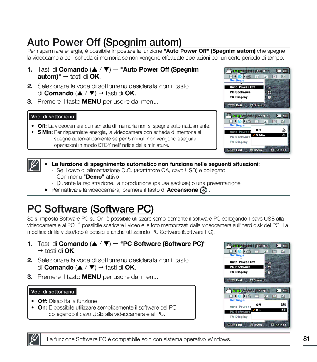 Samsung SMX-C20RP/EDC, SMX-C24BP/EDC manual Auto Power Off Spegnim autom, Tasti di Comando / PC Software Software PC 