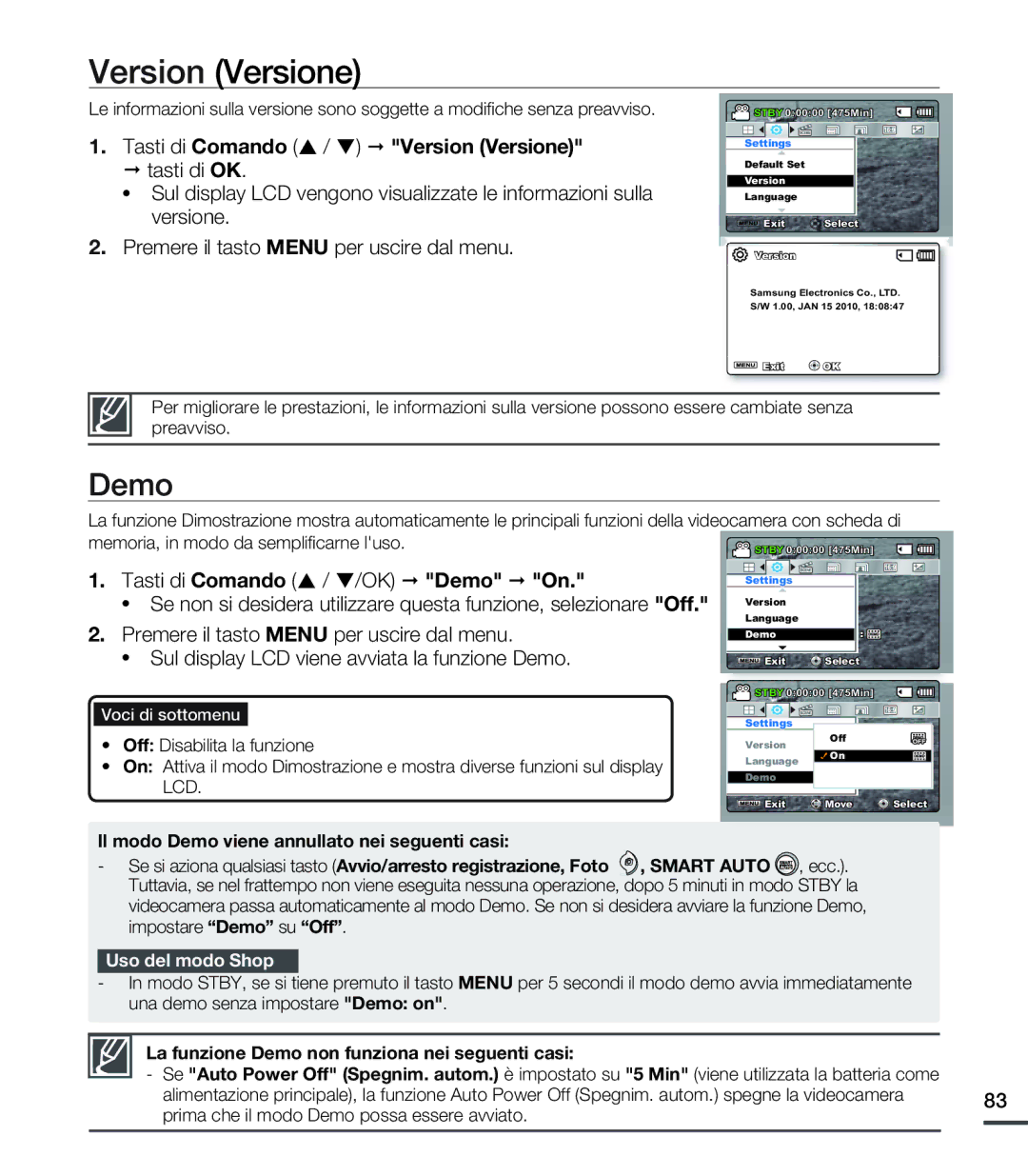 Samsung SMX-C20BP/EDC, SMX-C24BP/EDC manual Tasti di Comando / Version Versione, Tasti di Comando / /OK Demo On 