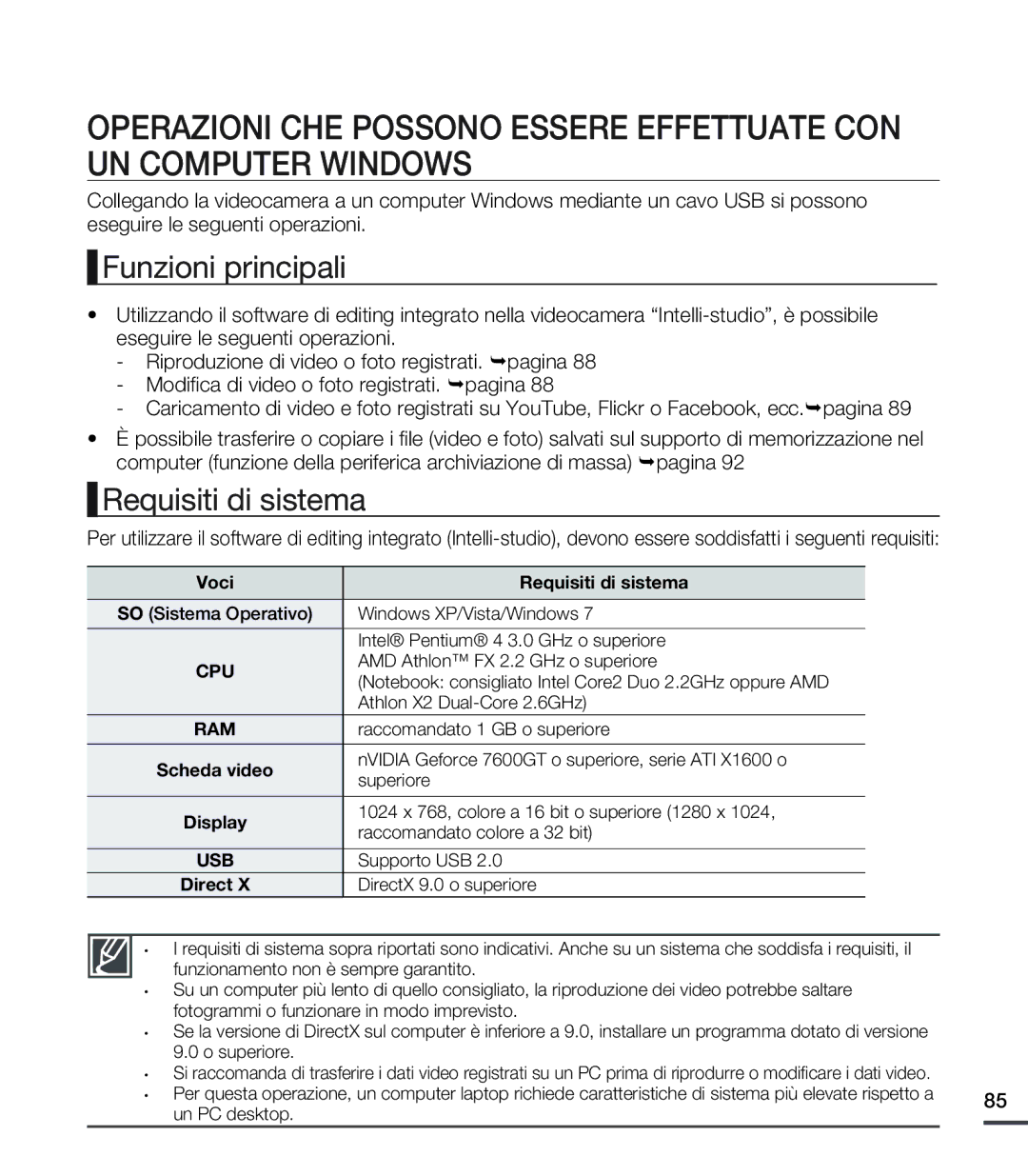 Samsung SMX-C20LP/EDC, SMX-C24BP/EDC, SMX-C20RP/EDC manual Funzioni principali, Voci Requisiti di sistema, Direct 