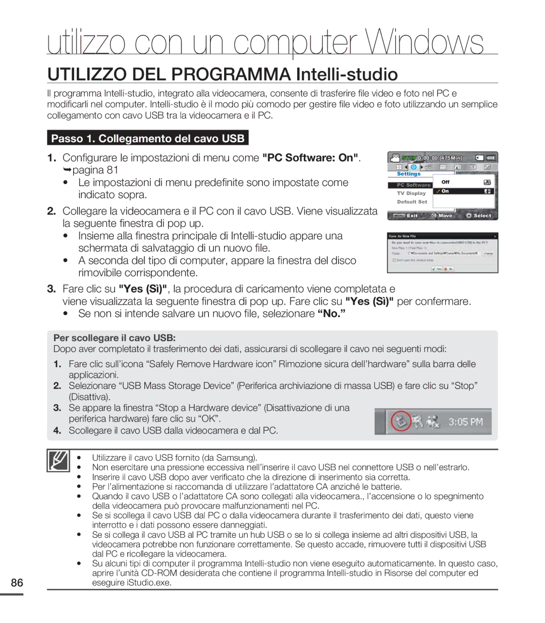 Samsung SMX-C24BP/EDC manual Utilizzo DEL Programma Intelli-studio, Della videocamera può provocare malfunzionamenti nel PC 