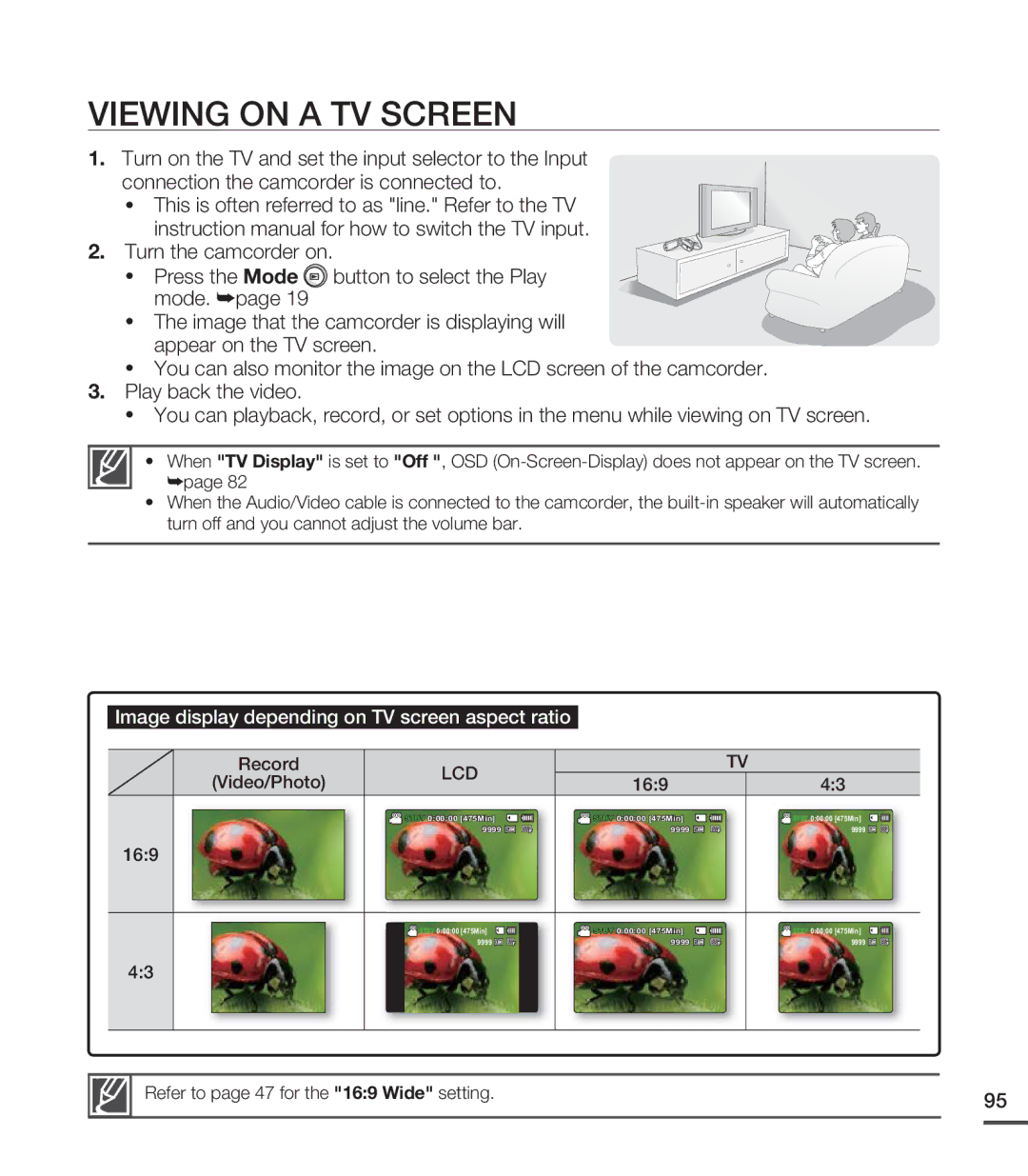 Samsung SMX-C200UN, SMX-C24LN, SMX-C24UN Viewing on a TV Screen, Video/Photo 169, Refer to page 47 for the 169 Wide setting 