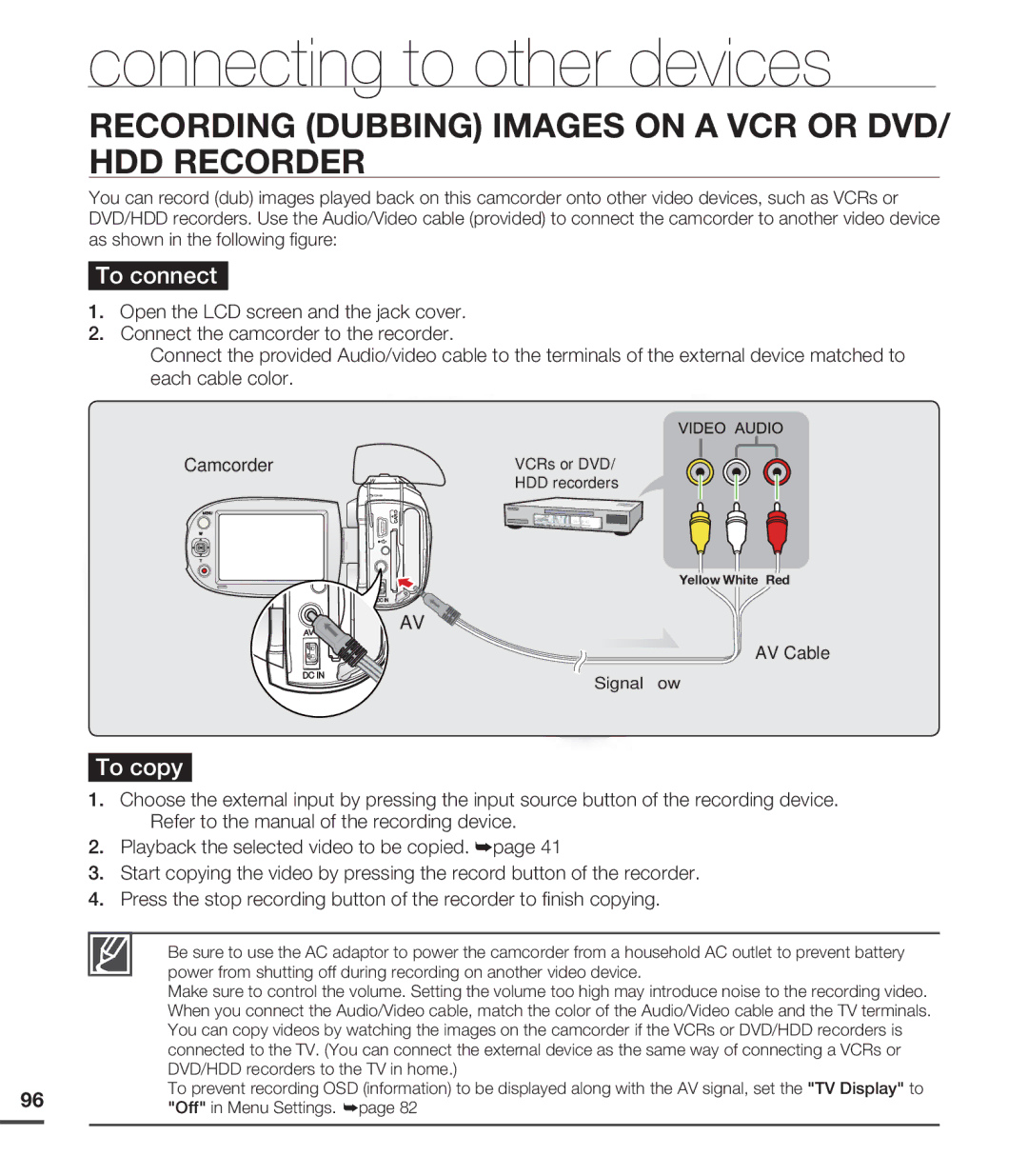 Samsung SMX-C20 Recording Dubbing Images on a VCR or DVD/ HDD Recorder, Camcorder, AV Cable, Off in Menu Settings. ²page 