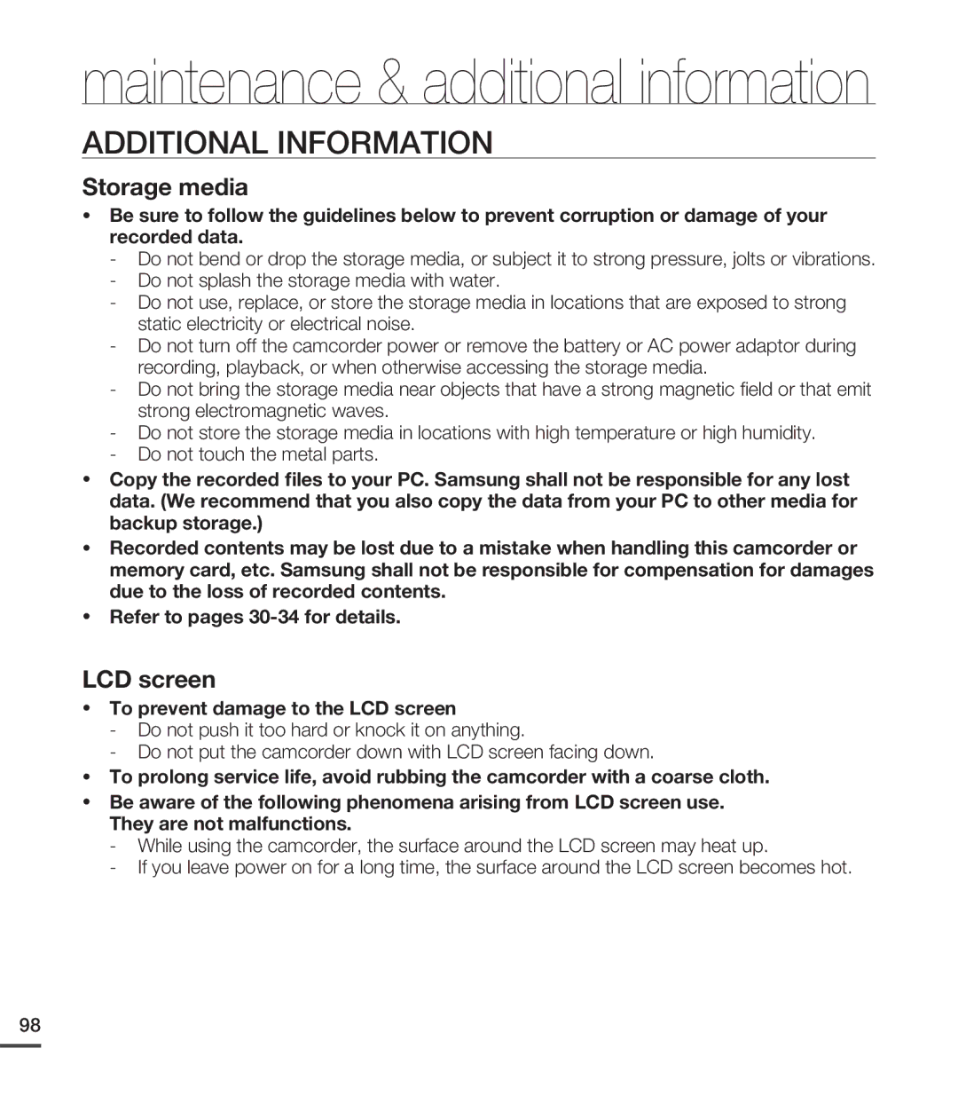 Samsung SMX-C24BN, SMX-C24LN, SMX-C24UN, SMX-C24RN, SMX-C200BN Additional Information, To prevent damage to the LCD screen 