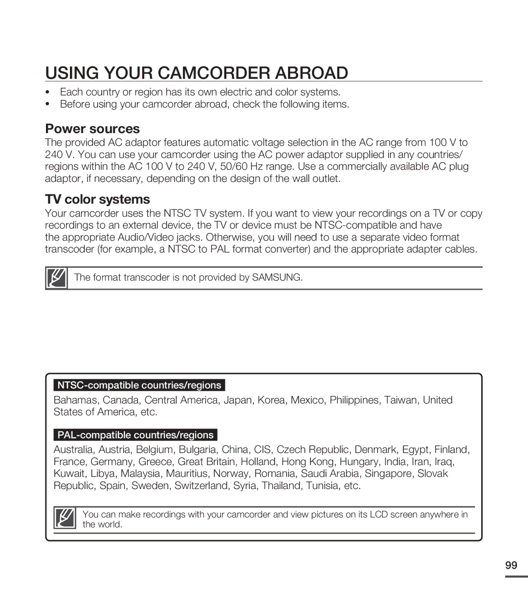 Samsung SMX-C20RN, SMX-C24LN, SMX-C24UN, SMX-C24RN, SMX-C200BN, SMX-C20UN, SMX-C24BN Using Your Camcorder Abroad, Power sources 