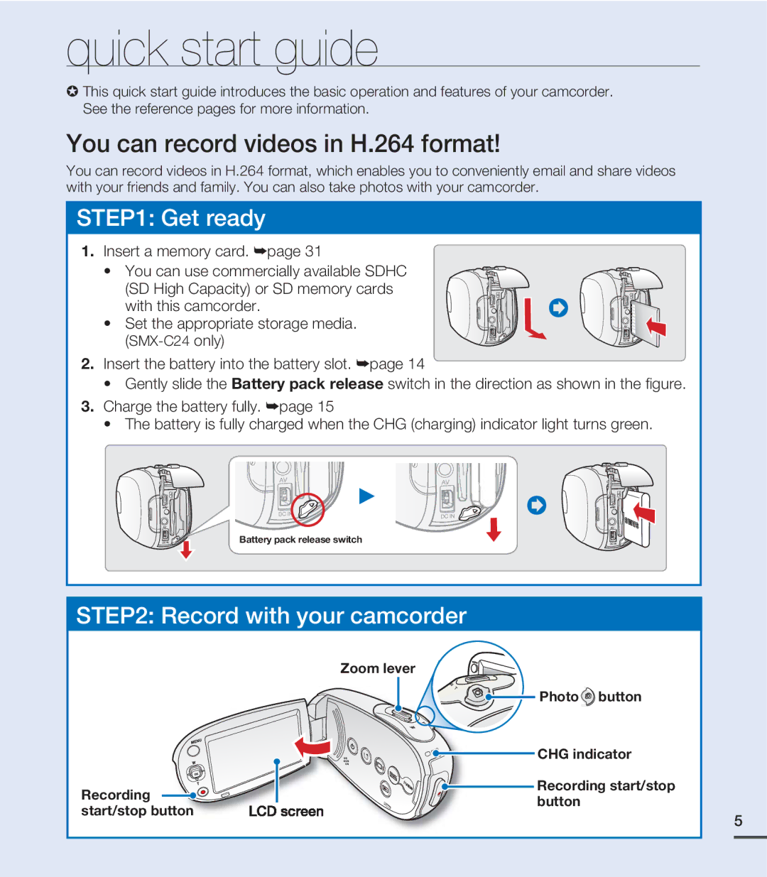 Samsung SMX-C24LN, SMX-C24UN, SMX-C24RN, SMX-C200BN, SMX-C20UN Quick start guide, You can record videos in H.264 format 