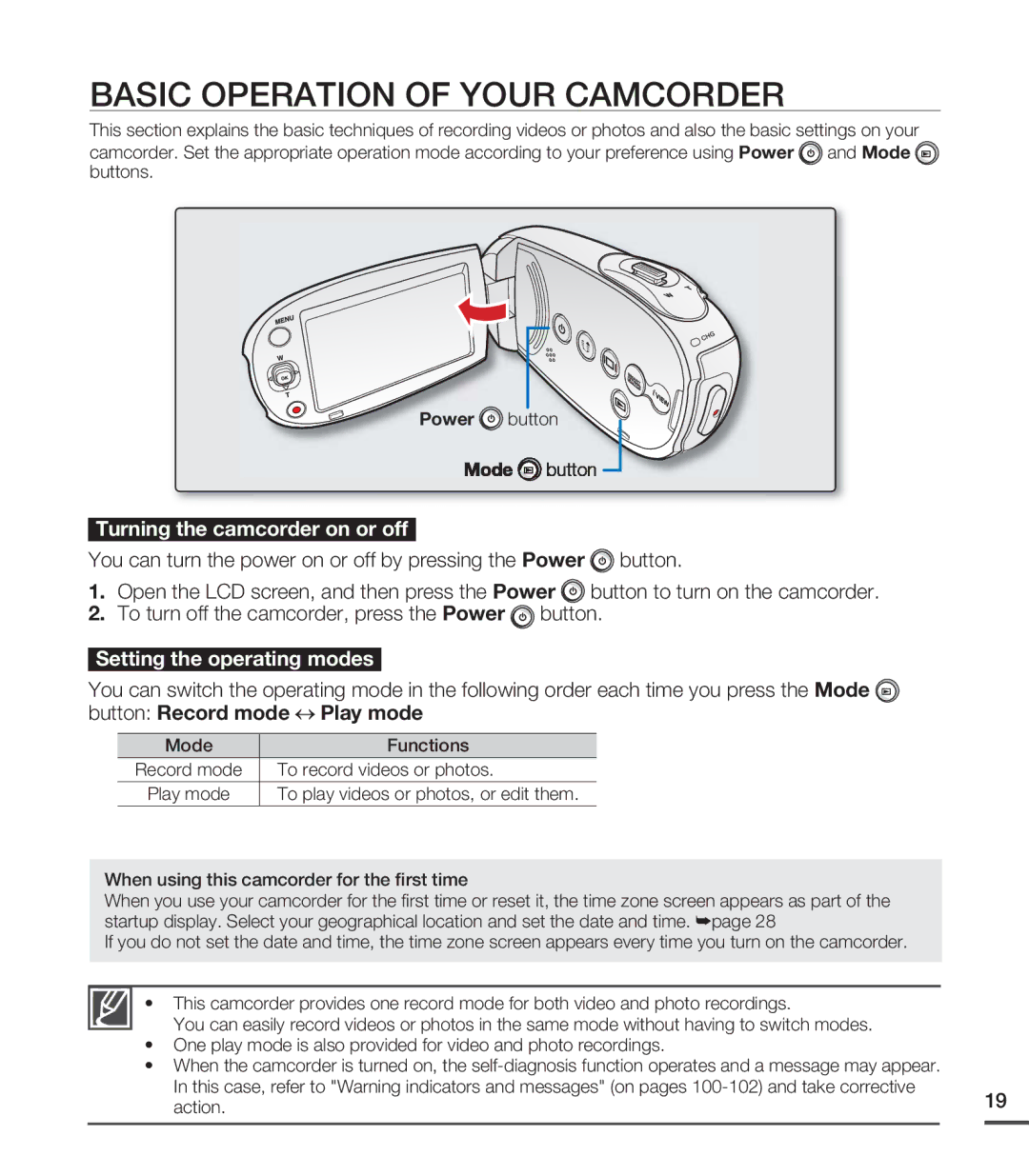 Samsung SMX-C200LN Basic Operation of Your Camcorder, Mode Functions Record mode To record videos or photos, Action 