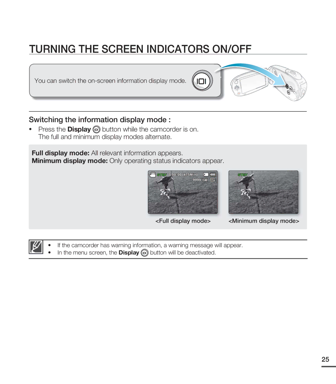 Samsung SMX-C24LN, SMX-C24UN, SMX-C24RN Turning the Screen Indicators ON/OFF, Switching the information display mode 