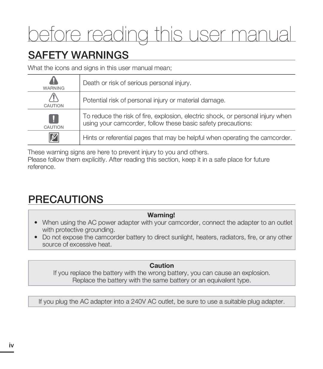 Samsung SMX-C20UN, SMX-C24LN, SMX-C24UN, SMX-C24RN, SMX-C200BN, SMX-C200UN, SMX-C200LN, SMX-C24BN Safety Warnings, Precautions 