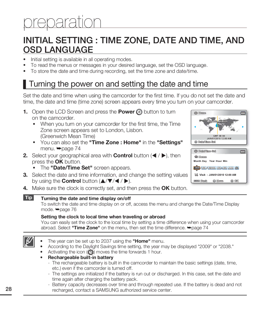 Samsung SMX-C200BN, SMX-C24LN, SMX-C24UN, SMX-C24RN, SMX-C20UN Initial Setting Time ZONE, Date and TIME, and OSD Language 