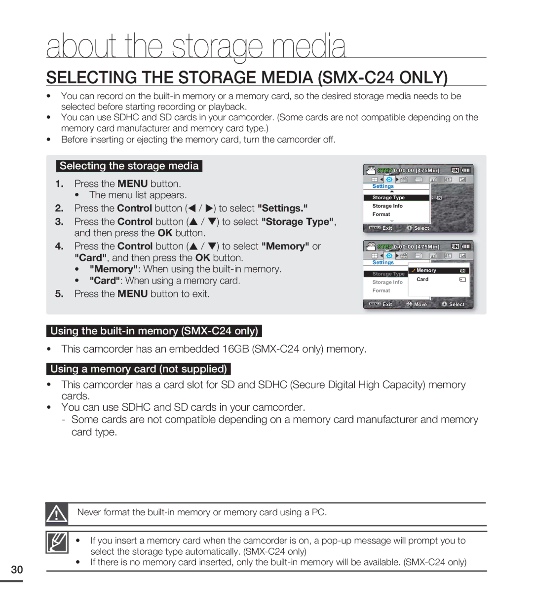 Samsung SMX-C200UN, SMX-C24LN, SMX-C24UN, SMX-C24RN About the storage media, Selecting the Storage Media SMX-C24 only 