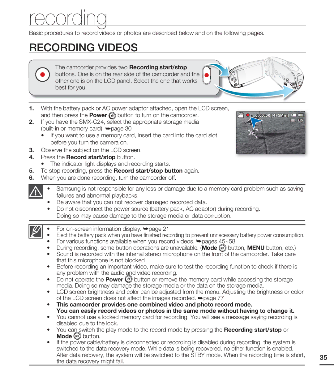 Samsung SMX-C20LN Recording Videos, Press the Record start/stop button, For on-screen information display. ²page 