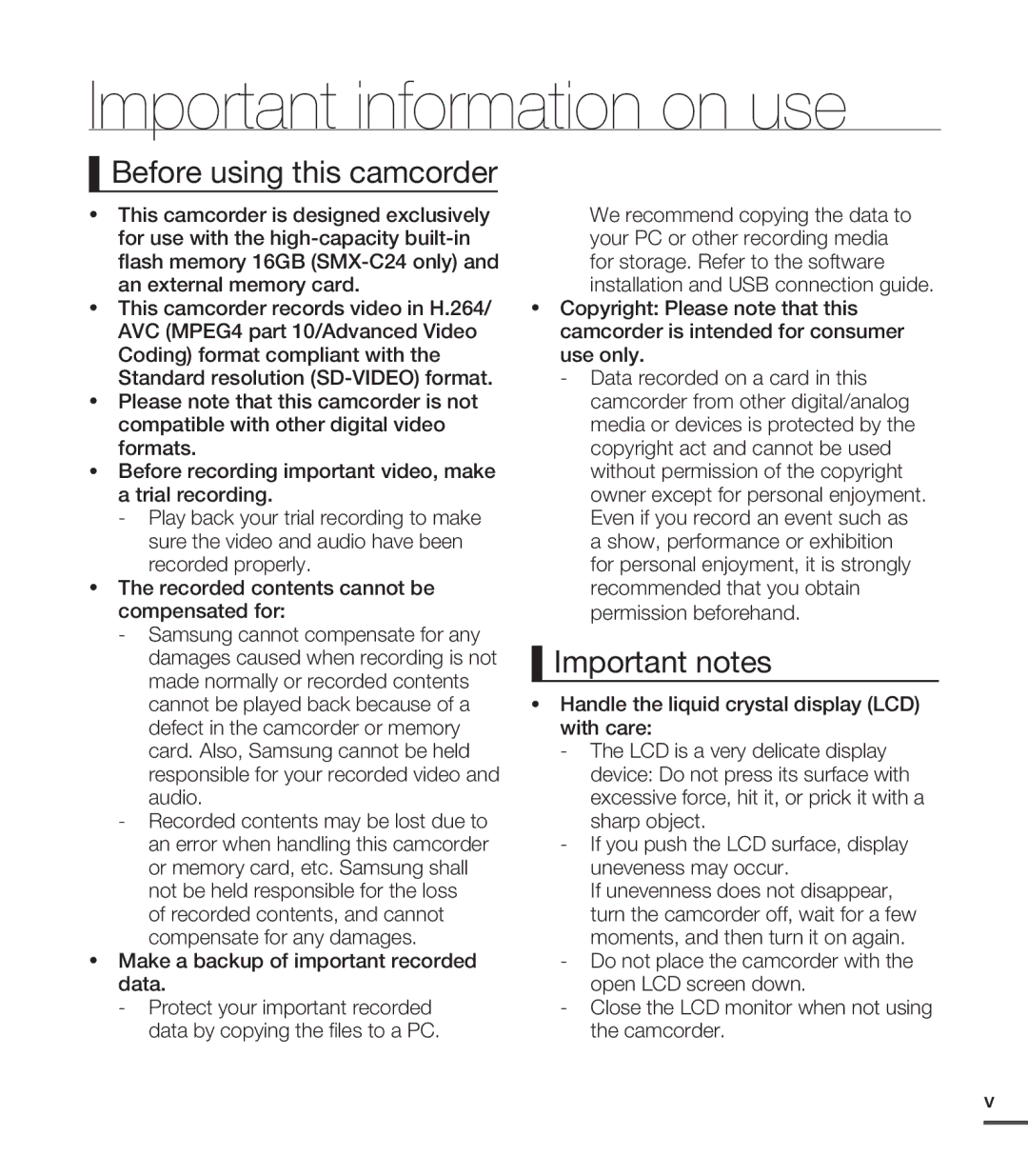 Samsung SMX-C200UN, SMX-C24LN, SMX-C24UN Important information on use, Before using this camcorder, Important notes 