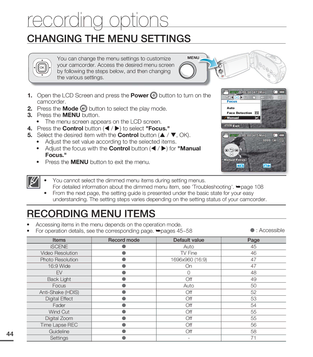 Samsung SMX-C20, SMX-C24LN, SMX-C24UN, SMX-C24RN Recording options, Changing the Menu Settings, Recording Menu Items 