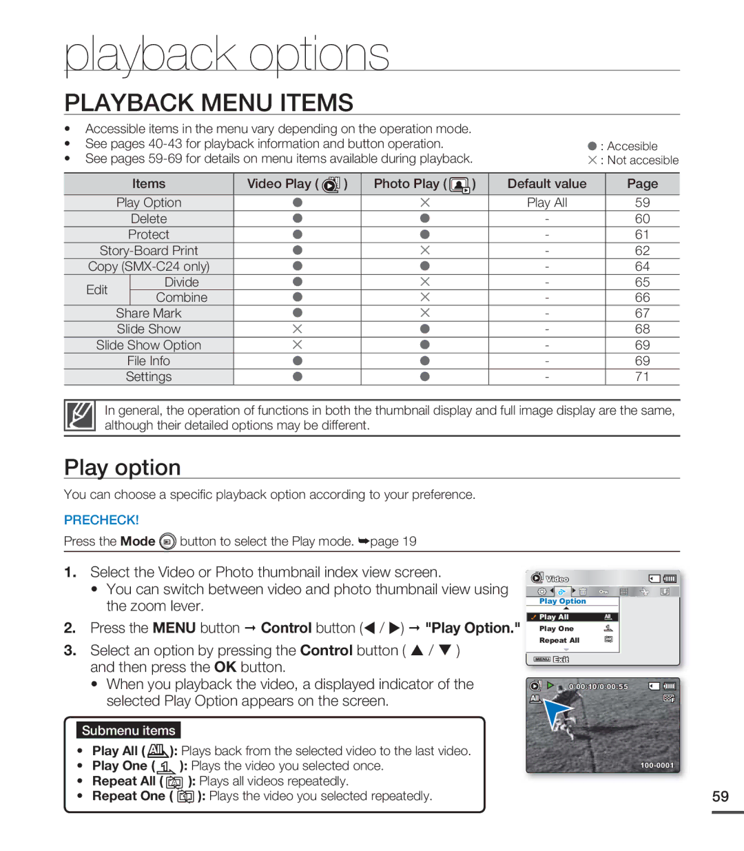 Samsung SMX-C24BN, SMX-C24LN, SMX-C24UN, SMX-C24RN, SMX-C200BN, SMX-C20UN Playback options, Playback Menu Items, Play option 