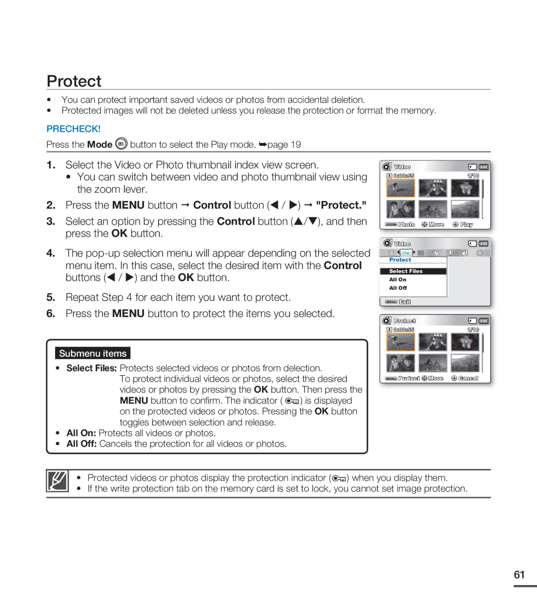 Samsung SMX-C20LN, SMX-C24LN, SMX-C24UN, SMX-C24RN Protect, Pop-up selection menu will appear depending on the selected 