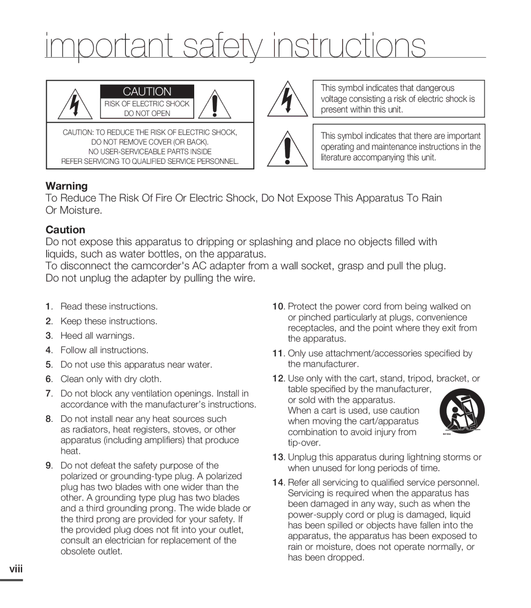 Samsung SMX-C24BN, SMX-C24LN, SMX-C24UN, SMX-C24RN, SMX-C200BN, SMX-C20UN, SMX-C200UN Important safety instructions, Viii 