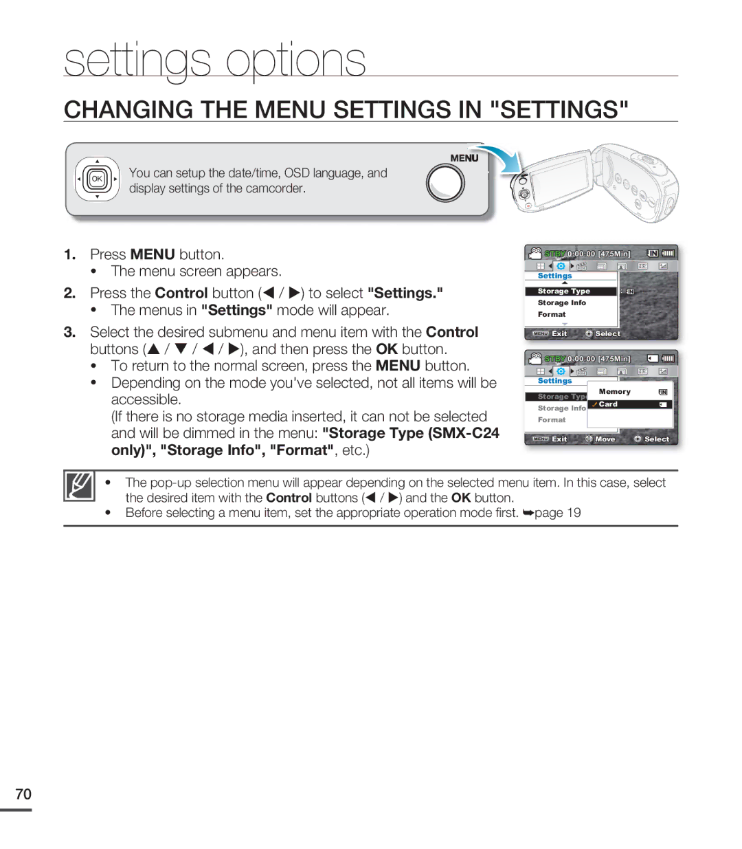 Samsung SMX-C24LN, SMX-C24UN, SMX-C24RN, SMX-C200BN, SMX-C20UN Settings options, Changing the Menu Settings in Settings 