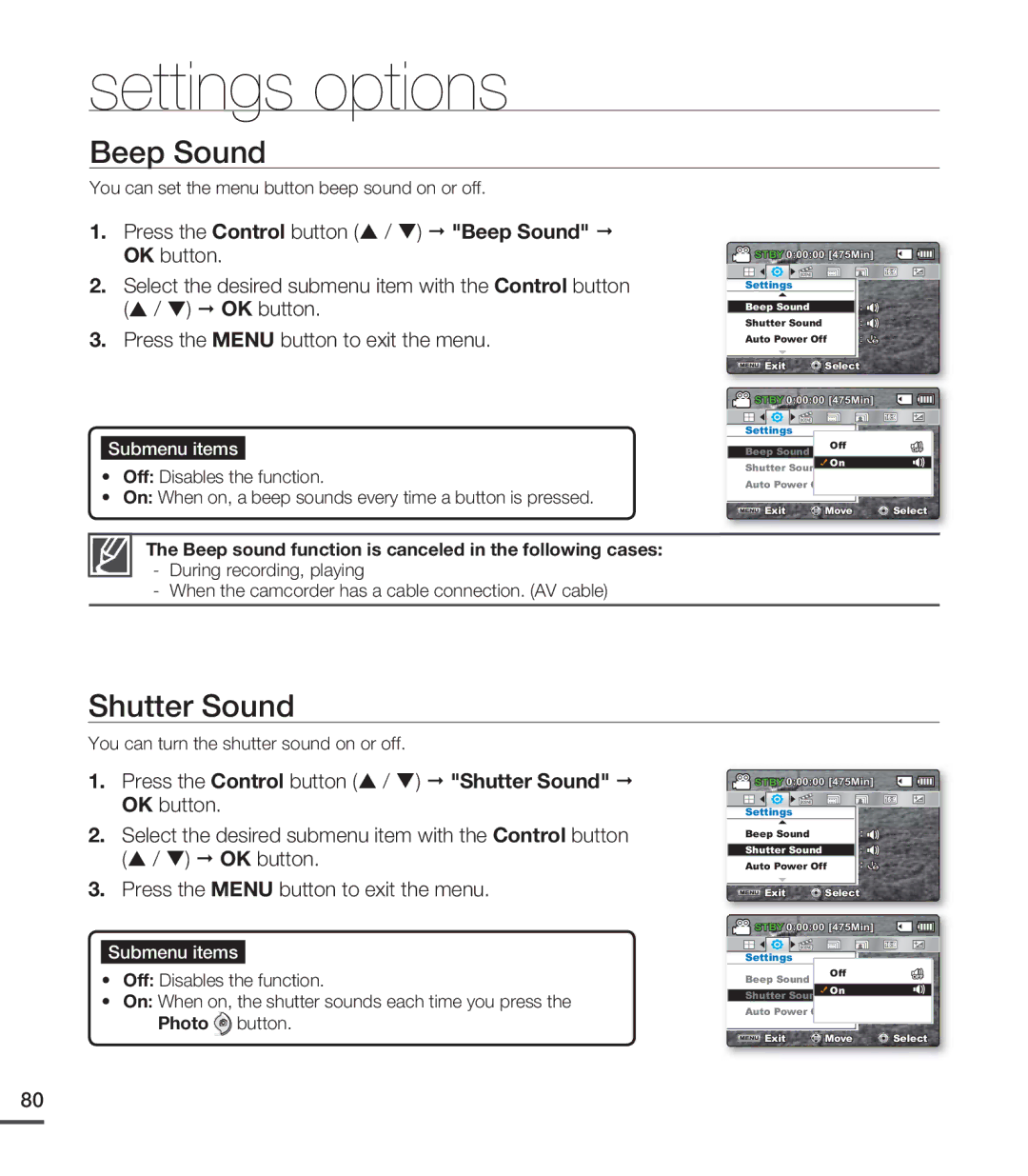 Samsung SMX-C200BN, SMX-C24LN, SMX-C24UN Beep Sound, Shutter Sound, You can set the menu button beep sound on or off 