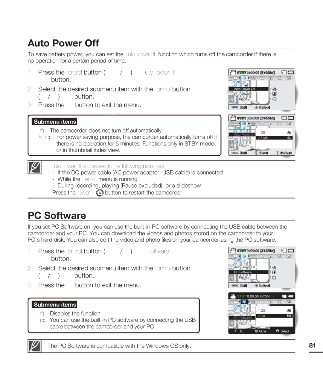 Samsung SMX-C20UN, SMX-C24LN, SMX-C24UN, SMX-C24RN, SMX-C200BN PC Software, Press the Control button / Auto Power Off 