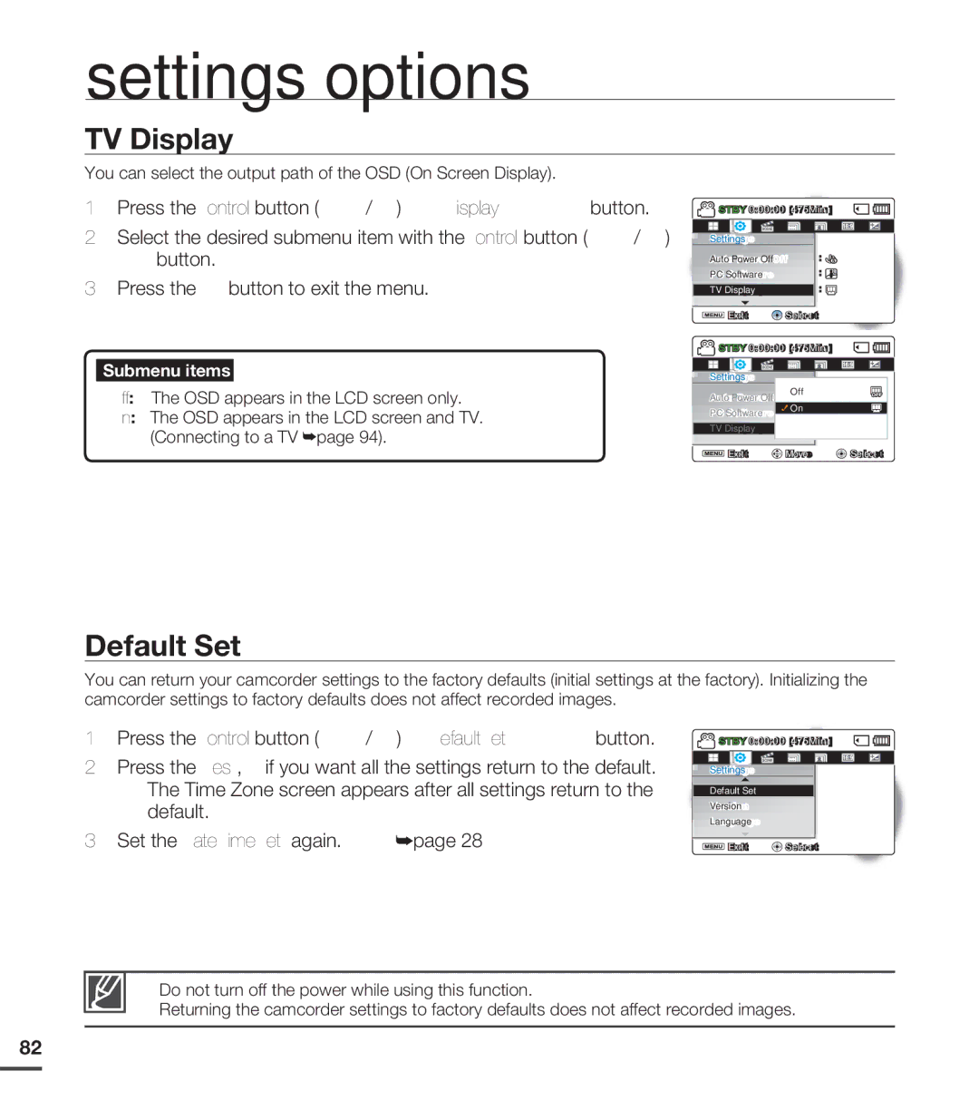 Samsung SMX-C200UN, SMX-C24LN TV Display, Default Set, You can select the output path of the OSD On Screen Display 