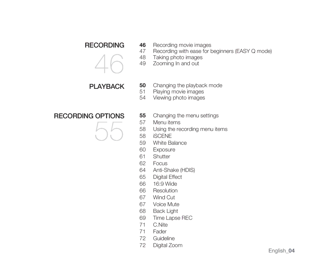 Samsung SMX-F34(0)RP, SMX-F30(0)SP, SMX-F33(2)RP, SMX-F33(2)BP, SMX-F30(0)RP user manual Recording Playback Recording Options 