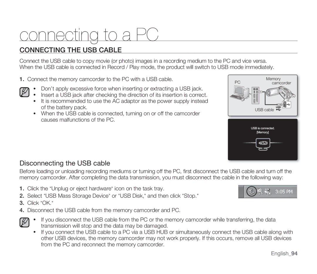 Samsung SMX-F30(0)LP, SMX-F30(0)SP, SMX-F33(2)RP, SMX-F33(2)BP Connecting the USB Cable, Disconnecting the USB cable 