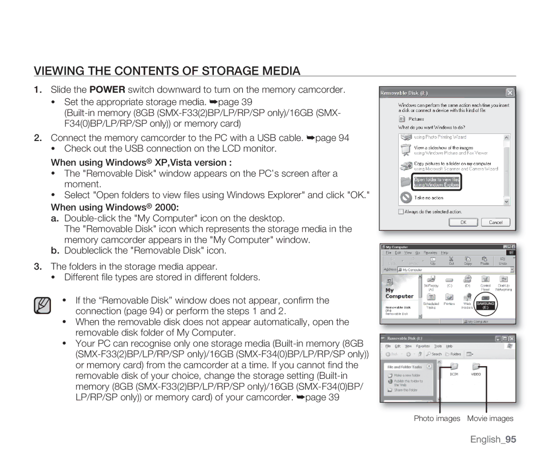 Samsung SMX-F34(0)SP, SMX-F30(0)SP, SMX-F33(2)RP, SMX-F33(2)BP, SMX-F30(0)RP user manual Viewing the Contents of Storage Media 