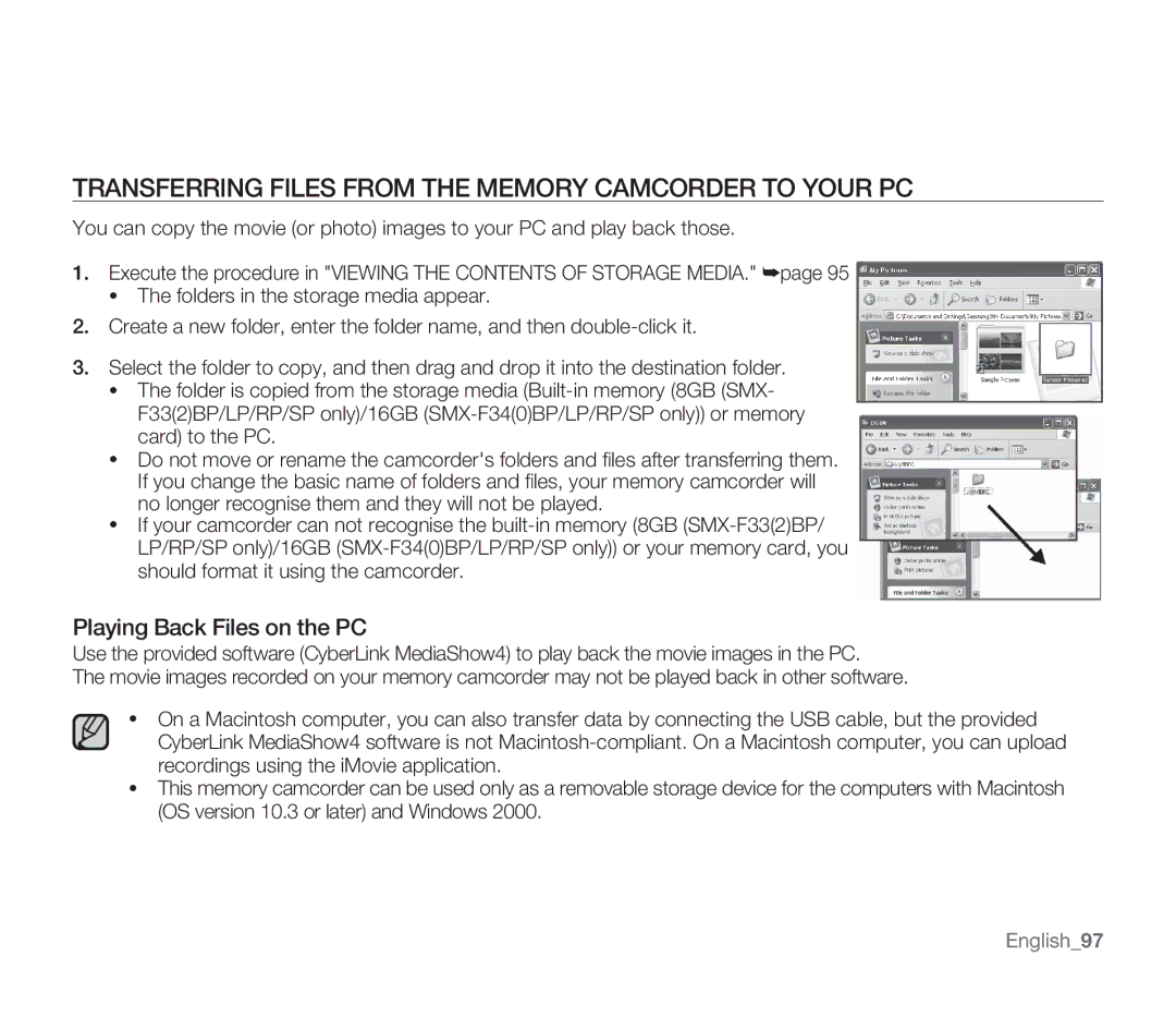 Samsung SMX-F33(2)SP, SMX-F30(0)SP Transferring Files from the Memory Camcorder to Your PC, Playing Back Files on the PC 