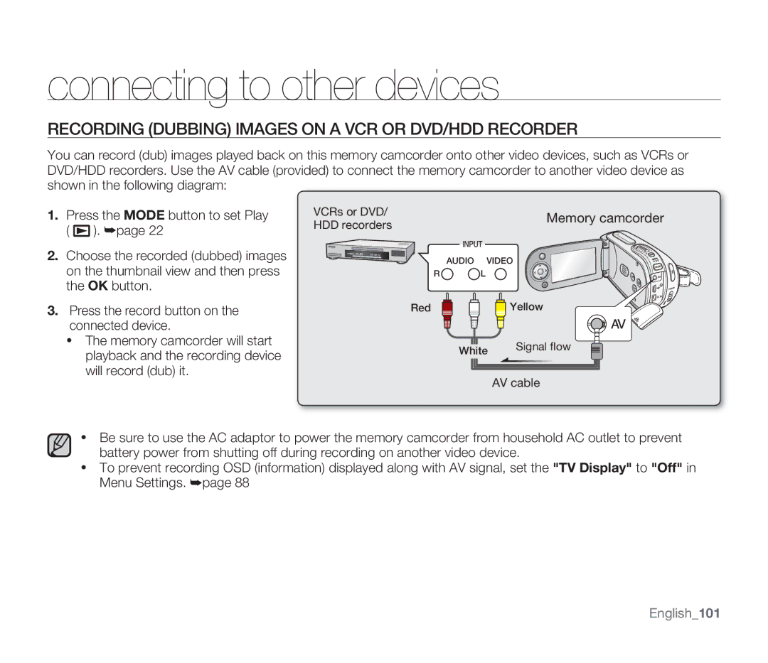 Samsung SMX-F34(0)BP, SMX-F30(0)SP, SMX-F33(2)RP, SMX-F33(2)BP Recording Dubbing Images on a VCR or DVD/HDD Recorder 