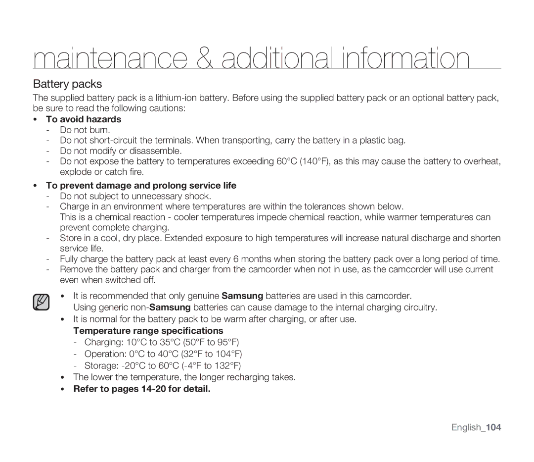 Samsung SMX-F33(2)BP, SMX-F30(0)SP user manual Battery packs, To avoid hazards, To prevent damage and prolong service life 