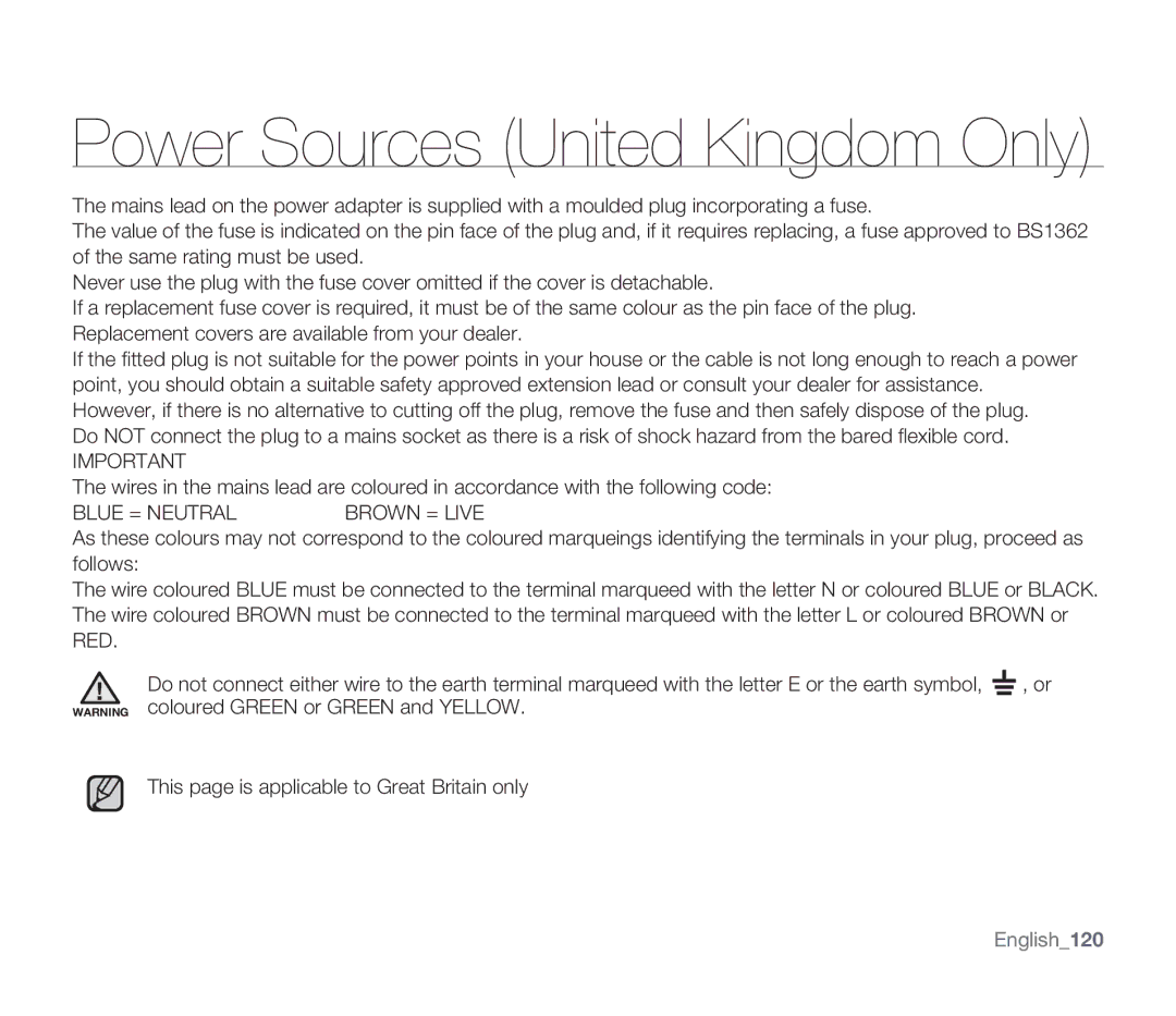 Samsung SMX-F33(2)LP, SMX-F30(0)SP, SMX-F33(2)RP, SMX-F33(2)BP, SMX-F30(0)RP, SMX-F30(0)LP Power Sources United Kingdom Only 